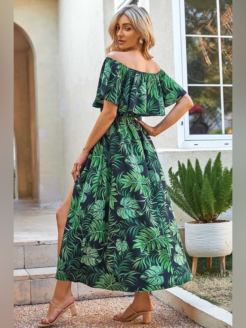 Cupshe Margot Tropical Palm Green Maxi Dress Resortwear Vacation Flirty Coquette - Picture 3 of 12